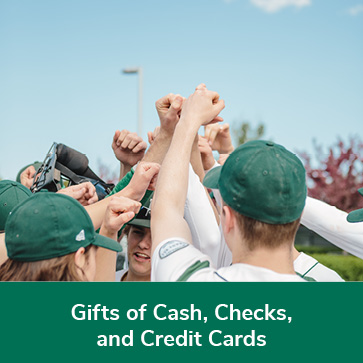 Student baseball players cheering. Links to Gifts of Cash, Check, and Credit Cards